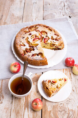 Homemade Apple pie. Delicious Breakfast with Charlotte and tea.