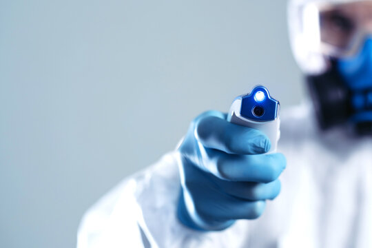 image of an electronic thermometer in the hands of a doctor .