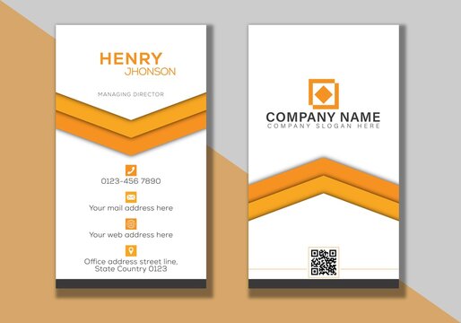 Vertical yellow shapes white and ash business card. Double-sided creative business card template. Portrait and landscape orientation. Horizontal and vertical layout. Vector illustration