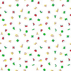 Vector seamless pattern with German alphabet.Hand drawn characters,green,red,yellow,3D effect.Latin script,Roman lettering.Font elements.Umlaut, eszett.For games,school,books,print.Children education