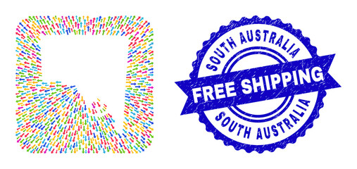 Vector mosaic South Australia map of navigation arrows and grunge Free Shipping seal stamp. Mosaic South Australia map constructed as hole from rounded square shape with motion arrows.