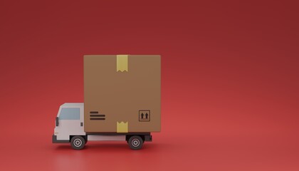 Logistic delivery courier truck with cardboard parcel box as storage 3D rendering illustration