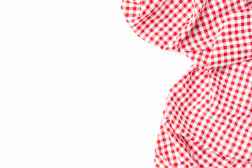 Cloth cotton crumpled tablecloth. Top view fabric red and white checkered isolated on a white background with copy space.