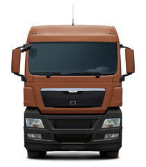 European modern truck in brown with a black plastic bumper. Front view isolated on white background.