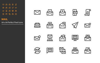 set of email line icons, sending, envelope, mail, contact