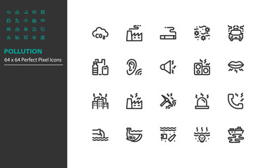 set of pollution line icons, emission, water pollution, air pollution, noise