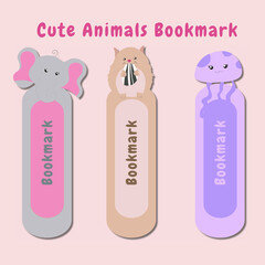 Vector set of bookmarks for children with cute animals theme. Vertical layout cards templates. Colorful and cute stationery for kids. Elephant, hamster and jellyfish bookmark templates.