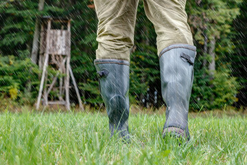 On a rainy day in autumn a hunter walks with his green rubber boots through the meadow to his...