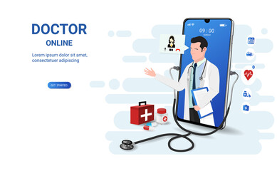 Doctor online on smartphone app with male doctor. Online medical clinic, online medical consultation, tele medicine. Online healthcare and medical consultation. Social distancing. 3D vector