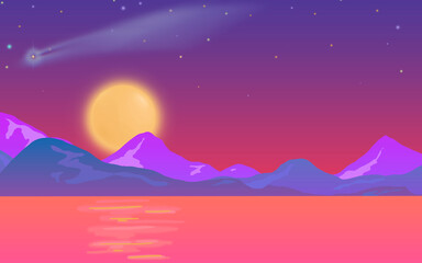 A raster silhouette of a mountain, stars in purple and orange tones. Illustrations of the sky, sea and mountains are suitable for backgrounds, postcards and banners.