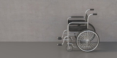 Fototapeta na wymiar Wheelchair on concrete room background. 3d illustration