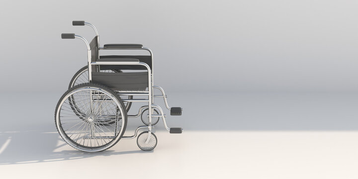 Wheelchair on white background, copy space, side view. 3d illustration