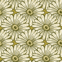 Big sunflowers contoured elements seamless bloom pattern. Green and grey tones organic print.