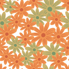 Summer season seamless pattern with orange and beige random flowers daisy shapes. Isolated backdrop.