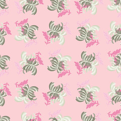 Nature seamless pattern with random chrysanthemum flowers print. Pink pastel light background.