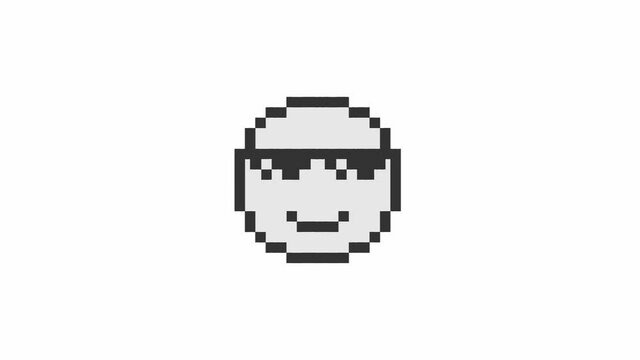 Animation of a grinning emoji in a black sunglasses, drawn in pixel art style, with a heavy digital distortion glitch effect.