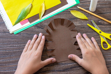 Instruction step 3. Postcard hedgehog with an apple on a wooden table. Handmade. Project of...