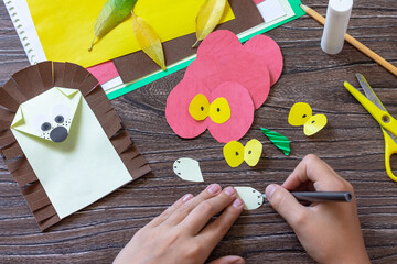 Instruction step 8. Postcard hedgehog with an apple on a wooden table. Handmade. Project of...