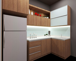modern and minimalist kitchen interior with wooden cabinet and white glass material for backsplash