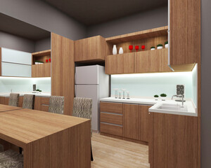 modern kitchen interior with wooden cabinet