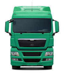 The powerful European truck is completely blue-green. Front view isolated on white background.