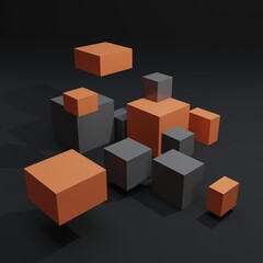 Black and orange geometric cubes shape background. 3D rendering.