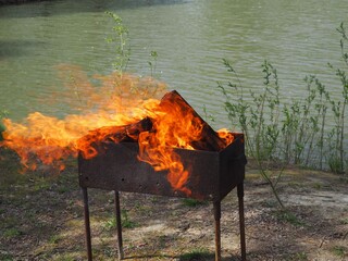jezioro ogień drzewno gorąco płomień ognisko gotować lato - obrazy, fototapety, plakaty