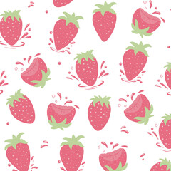 Seamless pattern of fresh strawberries with strawberry drops