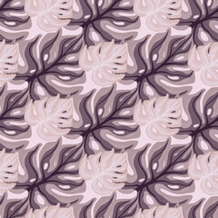 Floral seamless pattern in pastel purple tones with doodle exotic monstera leaves print. Bloom palm print.