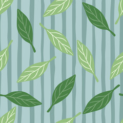 Forest foliage falling seamless pattern with green abstract leaf ornament. Blue striped background.