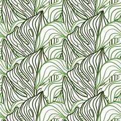 Hand drawn seamless pattern with green contoured big monstera leaves ornament. Abstract outline print.