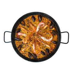 Top view of seafood Paella isolated