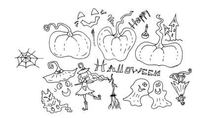 Pumpkins, ghosts, witch, cat, web. Decorative items for Halloween. Linear drawing. Sketch. Vector illustration.