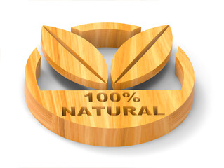 3D round icon with two leaves and the message 100% natural with a light wood texture, sustainability, healthy lifestyle, recycling, environmental conservation