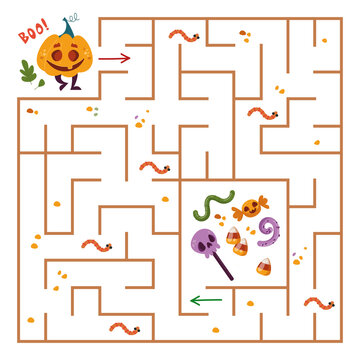 Halloween game for children. Square maze with pumpkin. The monster is looking for a way to sweets through the maze. Labyrinth for kids game. The development of preschoolers. Vector illustration fun