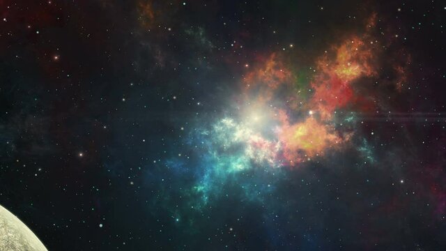 Space background. Planet orbiting in colorful nebula with stars. Elements furnished by NASA. 3D rendering