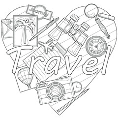 Travel stuff. Heart-shaped layout.Coloring book antistress for children and adults. Illustration isolated on white background.Zen-tangle style. 