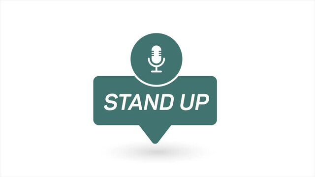 Stand up. Badge, icon, stamp, logo. Studio table microphone with broadcast text STAND UP. Motion graphics. 4k