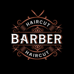 Barbershop logo design. Vintage lettering illustration on dark background
