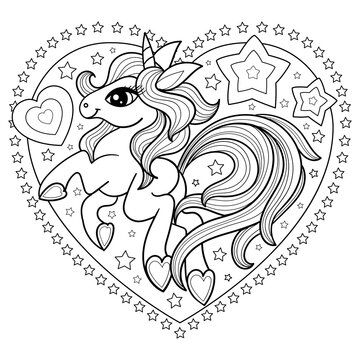 Cartoon unicorn and heart with stars. Black and white linear image. For children's design of coloring books, prints, posters, stickers, postcards, tattoos, etc. Vector