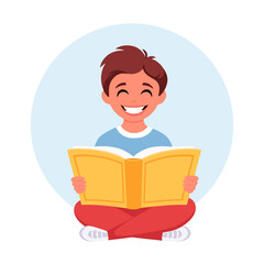 Boy reading book. Boy doing homework. World book day. Back to school. Vector illustration