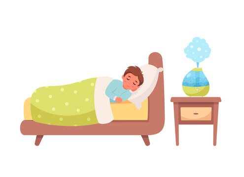 Boy sleeping with air humidifier in room. Ecological appliance for home. Healthy sleep. Vector illustration