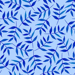 Tropical blue leaves, branches on a light blue background. Seamless pattern. Watercolor illustration. For printing on fabric, packaging, postcards.