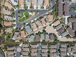 Aerial top view of suburb area with residential villa in San Diego, South California, USA. 