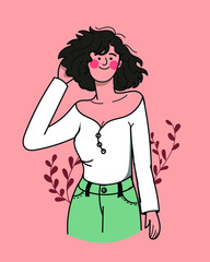 cute girl with short hair, white top and jeans, pretty smile