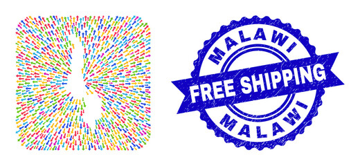 Vector collage Malawi map of straight arrows and grunge Free Shipping seal. Collage Malawi map designed as stencil from rounded square shape with away arrows.