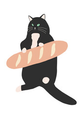 Playful cat with baguette toy. Flat vector illustration of a black cat with bread isolated on white background