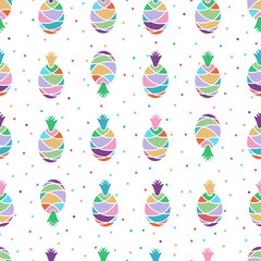Stylized colorful pineapples and multi-colored polka dots on a white background. Seamless vector flat pattern.
