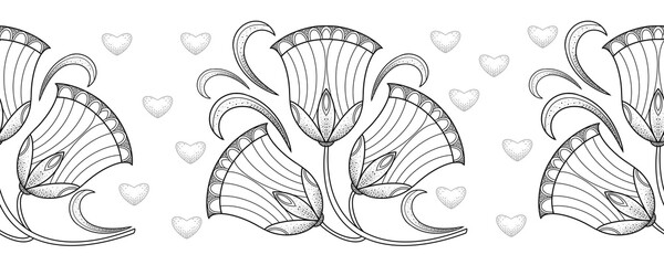 Floral seamless pattern, border, border, lower continuum for wallpaper, website background, textile printing. Decorative black and white flowers on a white background. Hand-drawn endless illustration.