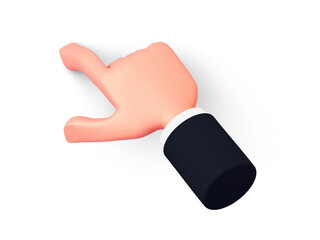 3D render, cartoon hand with a sleeve points a finger to the left or clicks on something. Isolated on white background